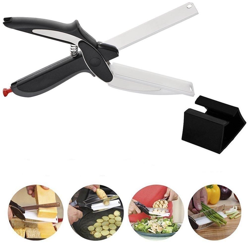 2-in-1 Steel Smart Clever Cutter – Kitchen Knife & Food Chopper with Built-in Mini Chopping Board | Multipurpose Vegetable, Fruit & Meat Cutter
