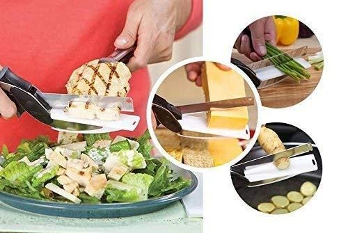 2-in-1 Steel Smart Clever Cutter – Kitchen Knife & Food Chopper with Built-in Mini Chopping Board | Multipurpose Vegetable, Fruit & Meat Cutter
