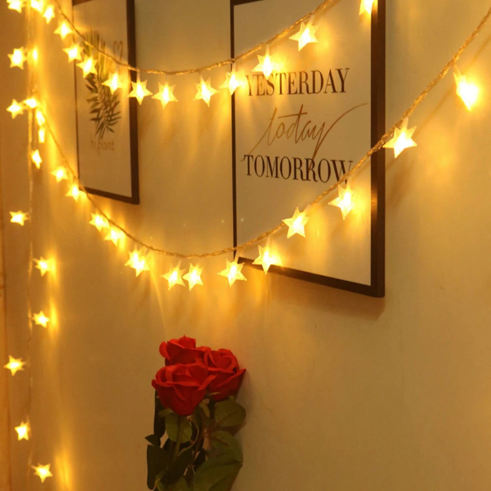 LED Star Fairy String Lights (1.5M–10M) – Warm White / Multicolor Outdoor Garland Lights for Christmas, Wedding, Garden & Party Decoration