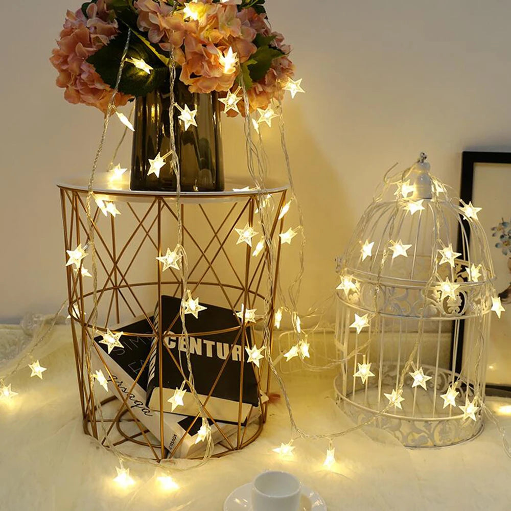 LED Star Fairy String Lights (1.5M–10M) – Warm White / Multicolor Outdoor Garland Lights for Christmas, Wedding, Garden & Party Decoration