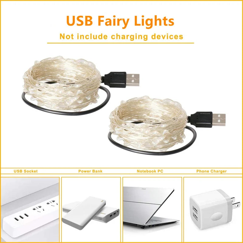 USB Led Fairy LighUSB Fairy Lights 20M 200 LED – Warm White Copper Wire String Lights for Bedroom, Wedding & Festive Decorts Copper Wire String 20M 200LED Holiday Outdoor Lamp Garland For Christmas Tree Wedding Party Decoration