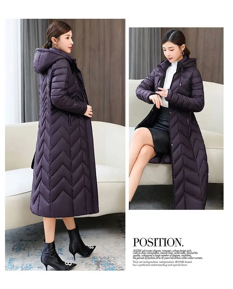 2025 Winter Women’s Hooded Long Down Cotton Jacket – Thick Warm Slim Fit Parka Coat (XL–5XL)