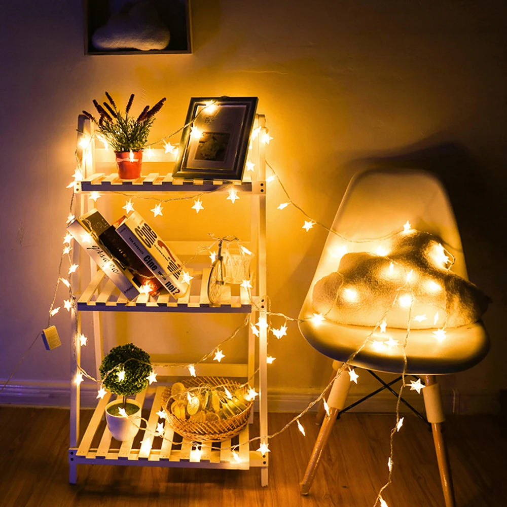 LED Star Fairy String Lights (1.5M–10M) – Warm White / Multicolor Outdoor Garland Lights for Christmas, Wedding, Garden & Party Decoration