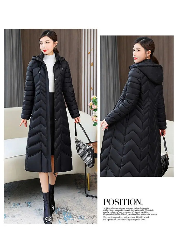 2025 Winter Women’s Hooded Long Down Cotton Jacket – Thick Warm Slim Fit Parka Coat (XL–5XL)