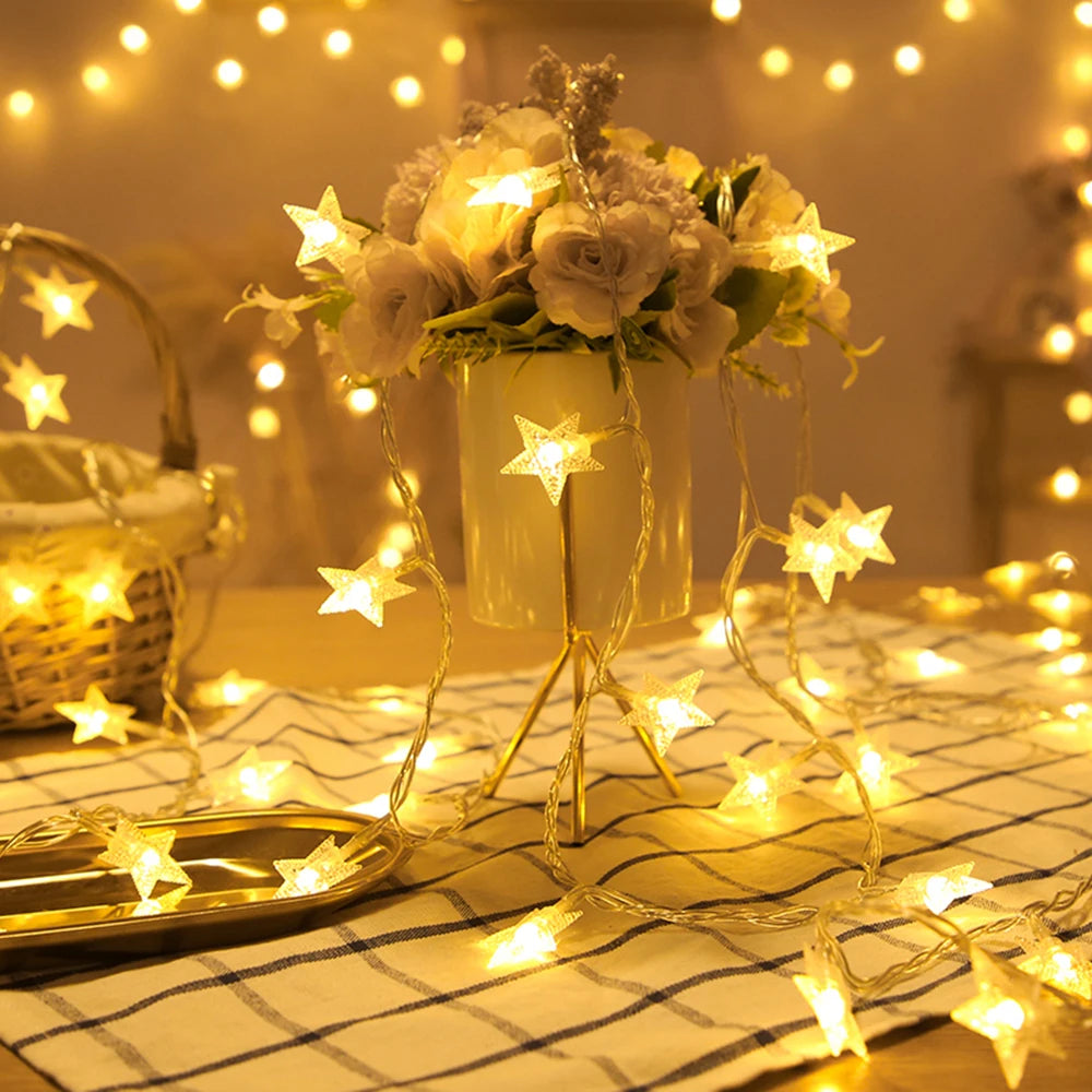 LED Star Fairy String Lights (1.5M–10M) – Warm White / Multicolor Outdoor Garland Lights for Christmas, Wedding, Garden & Party Decoration