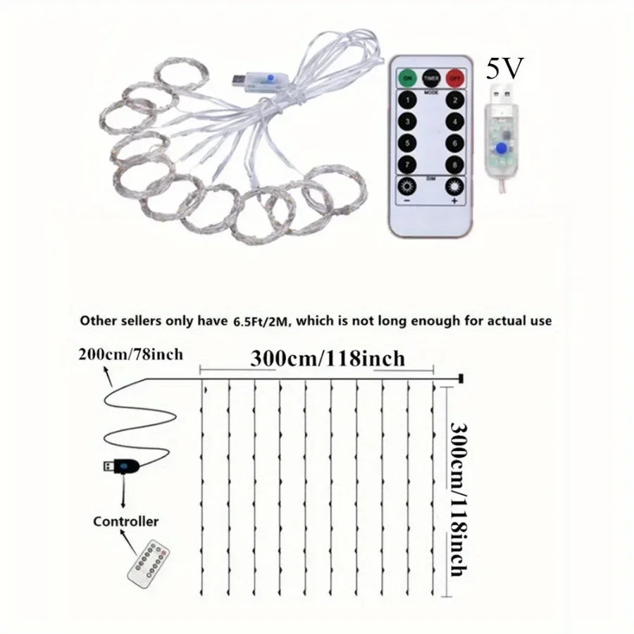 Remote Control USB LED Curtain Fairy Lights (3M–6M) – 8 Modes Warm White/Multicolor String Lights for Christmas, Bedroom, Home & Party Decoration