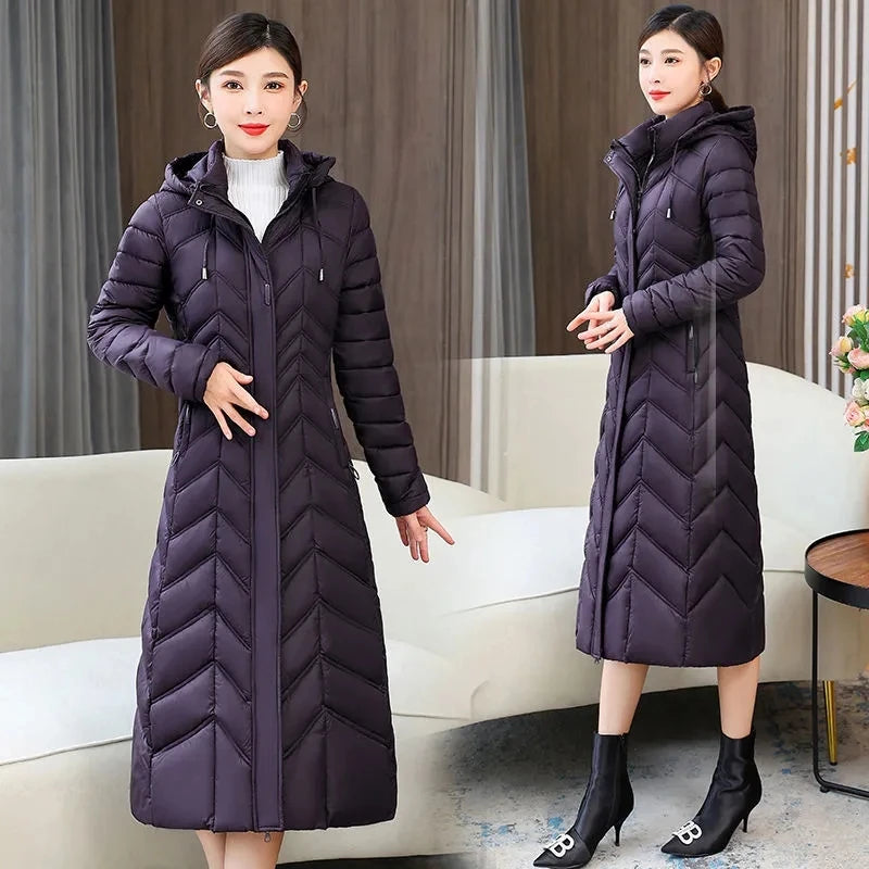 2025 Winter Women’s Hooded Long Down Cotton Jacket – Thick Warm Slim Fit Parka Coat (XL–5XL)