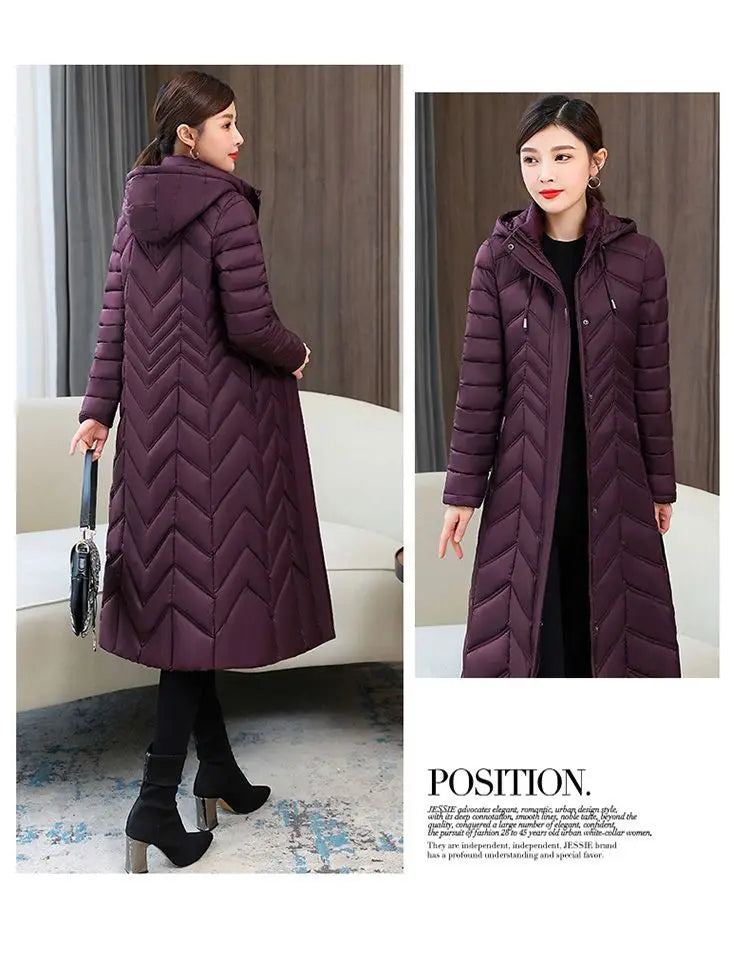 2025 Winter Women’s Hooded Long Down Cotton Jacket – Thick Warm Slim Fit Parka Coat (XL–5XL)