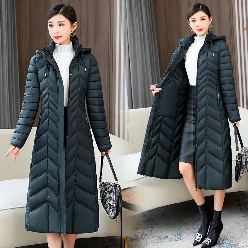 2025 Winter Women’s Hooded Long Down Cotton Jacket – Thick Warm Slim Fit Parka Coat (XL–5XL)