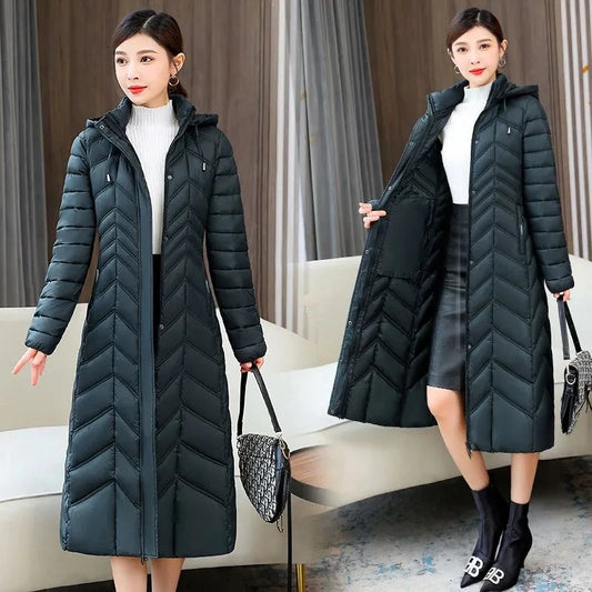 2025 Winter Women’s Hooded Long Down Cotton Jacket – Thick Warm Slim Fit Parka Coat (XL–5XL)