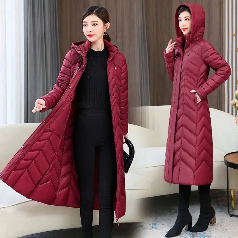 2025 Winter Women’s Hooded Long Down Cotton Jacket – Thick Warm Slim Fit Parka Coat (XL–5XL)