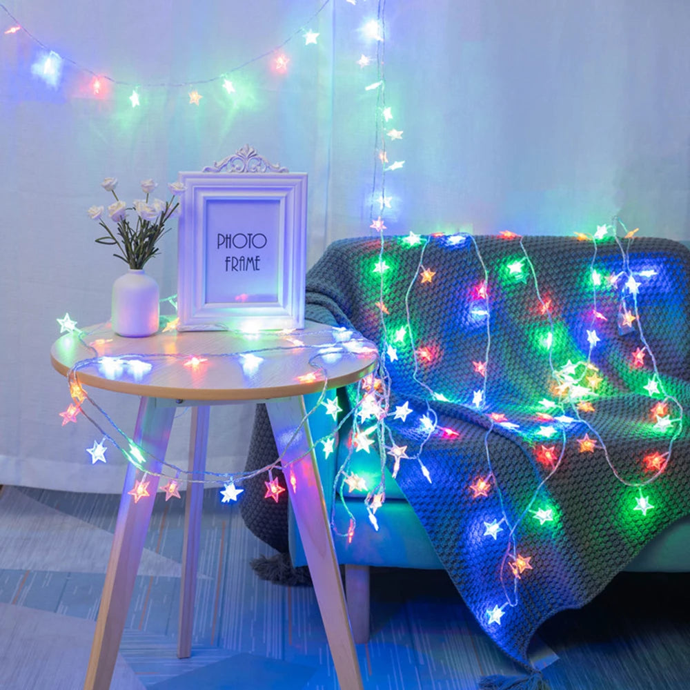 LED Star Fairy String Lights (1.5M–10M) – Warm White / Multicolor Outdoor Garland Lights for Christmas, Wedding, Garden & Party Decoration