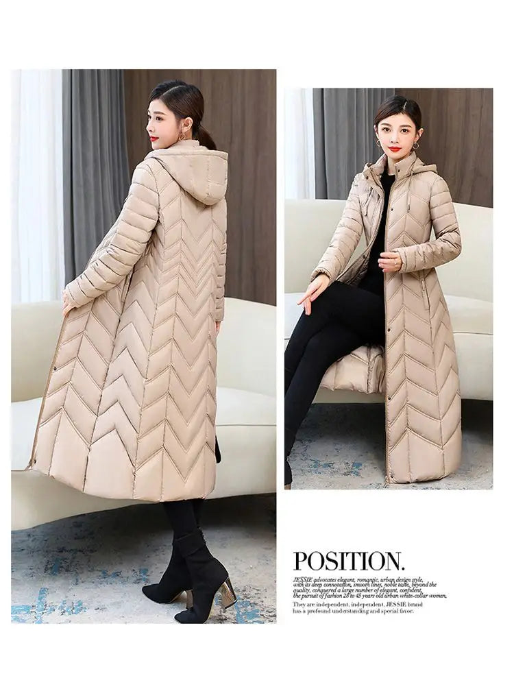 2025 Winter Women’s Hooded Long Down Cotton Jacket – Thick Warm Slim Fit Parka Coat (XL–5XL)