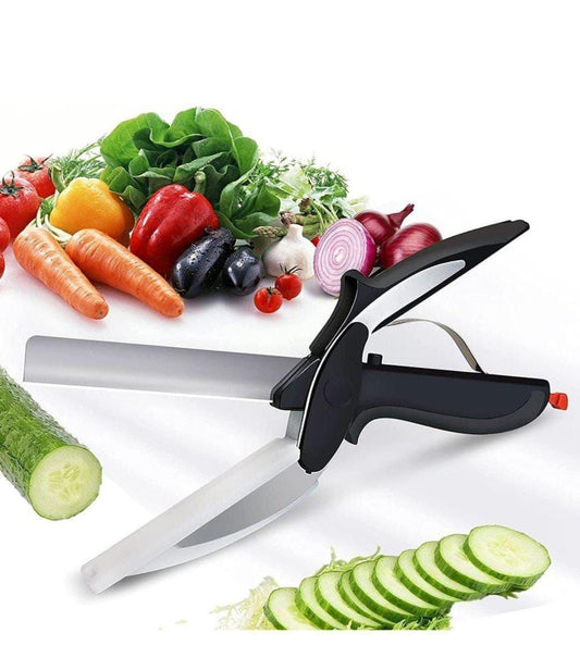 2-in-1 Steel Smart Clever Cutter – Kitchen Knife & Food Chopper with Built-in Mini Chopping Board | Multipurpose Vegetable, Fruit & Meat Cutter