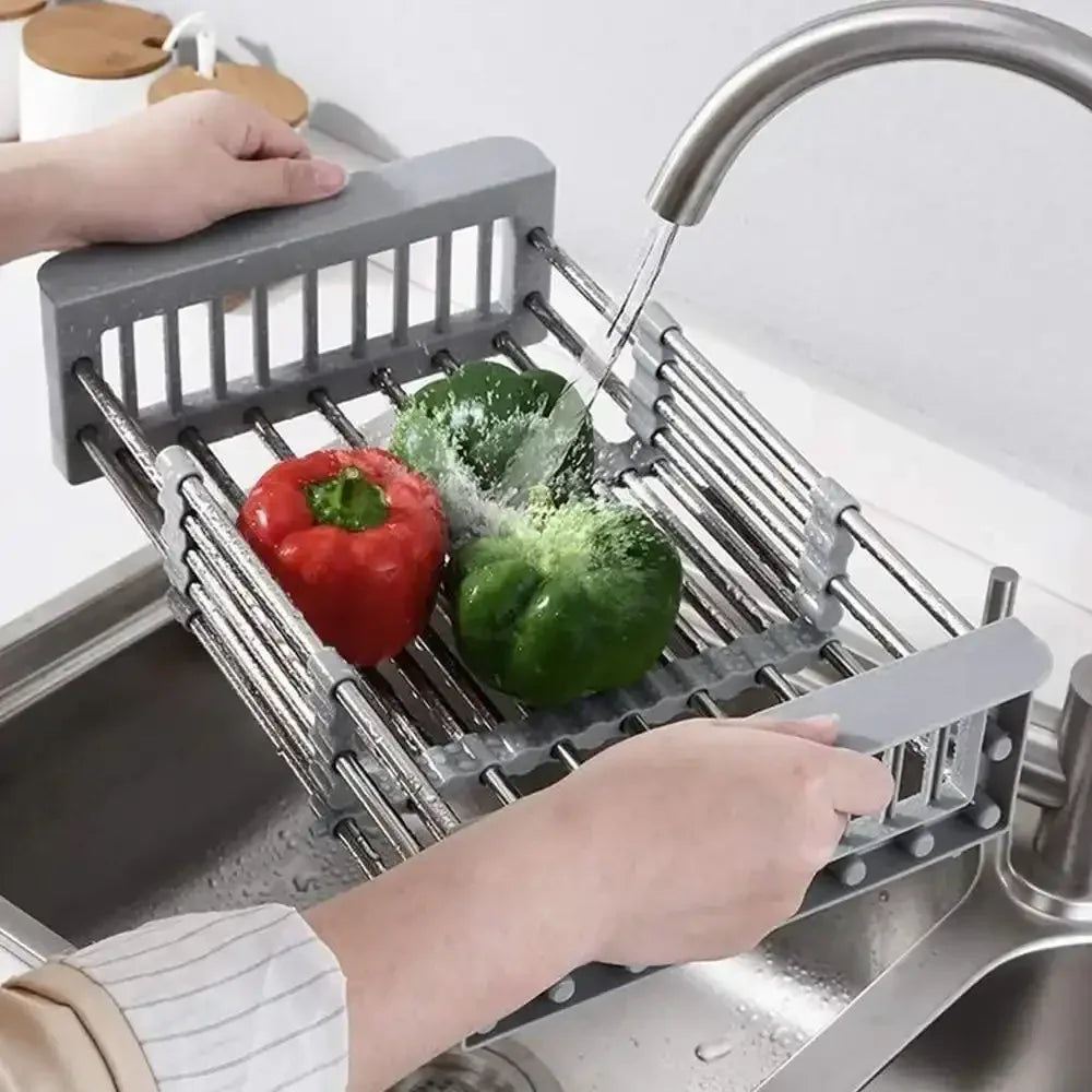 18" Adjustable Stainless Steel Sink Strainer Basket – Extendable Vegetable & Fruit Washer (Grey)