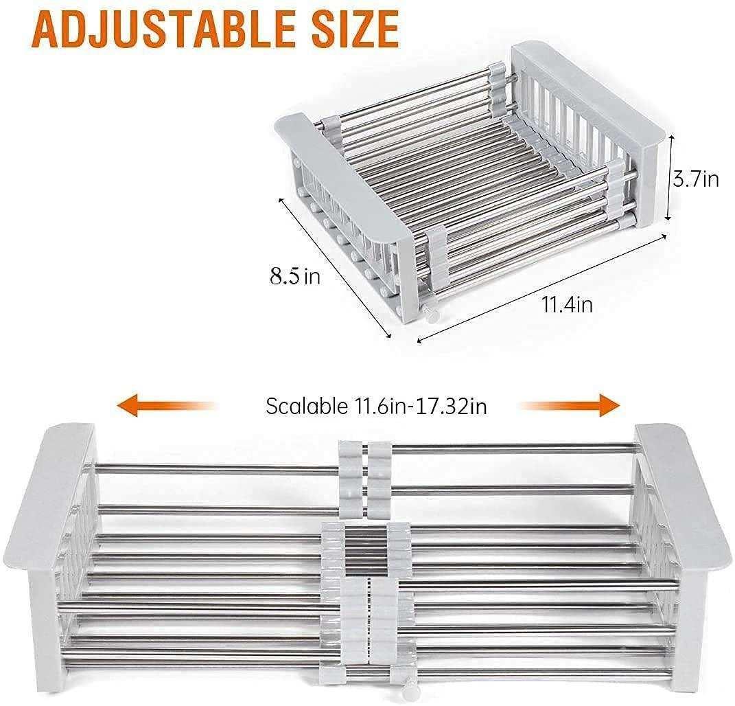 18" Adjustable Stainless Steel Sink Strainer Basket – Extendable Vegetable & Fruit Washer (Grey)